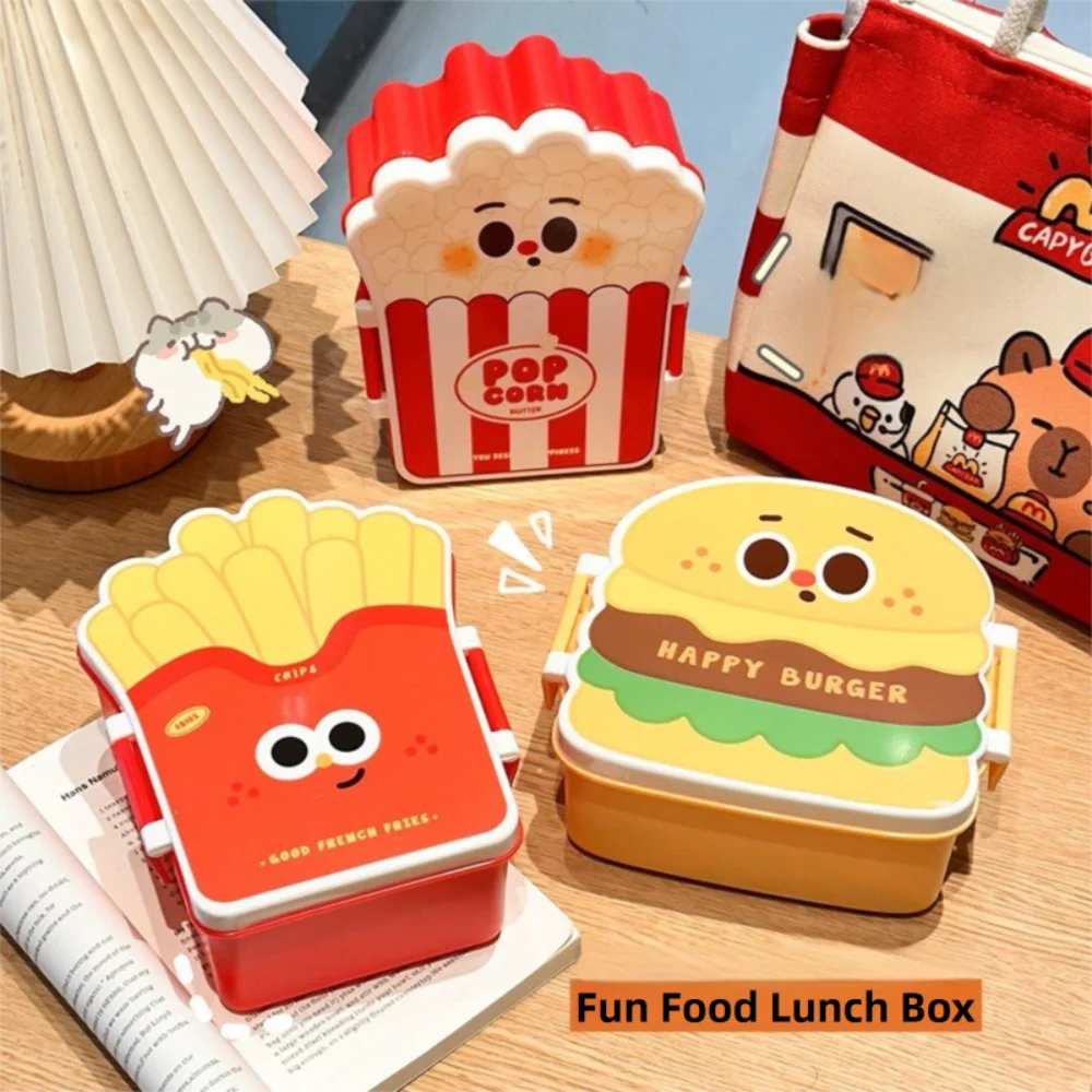 Creative Cartoon Bento Box Hamburger French Fries Leakproof Portable Lunch Box Divided Food Container Picnic Quake