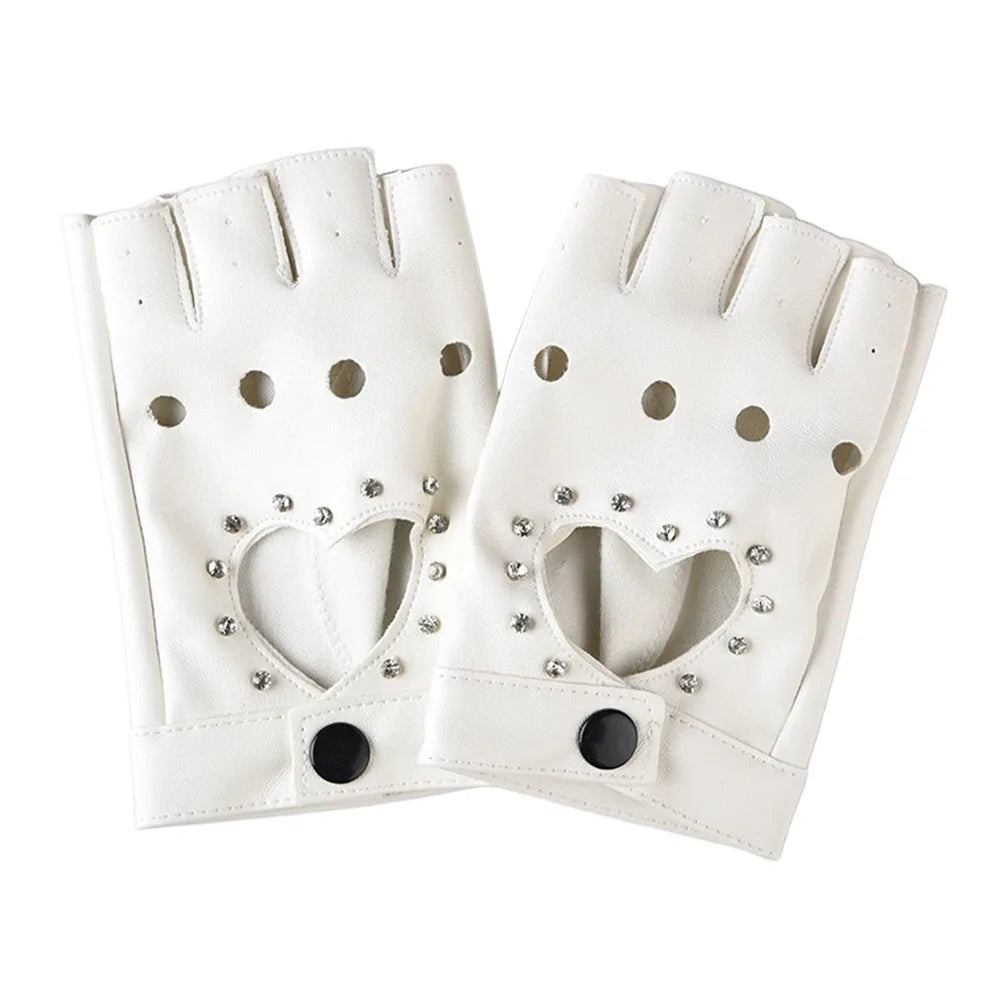 New Fashion PU Leather Fingerless Dance Glove Gothic lolita Jazz Style Driving Dress Performance Mittens Quake White Rhinestone