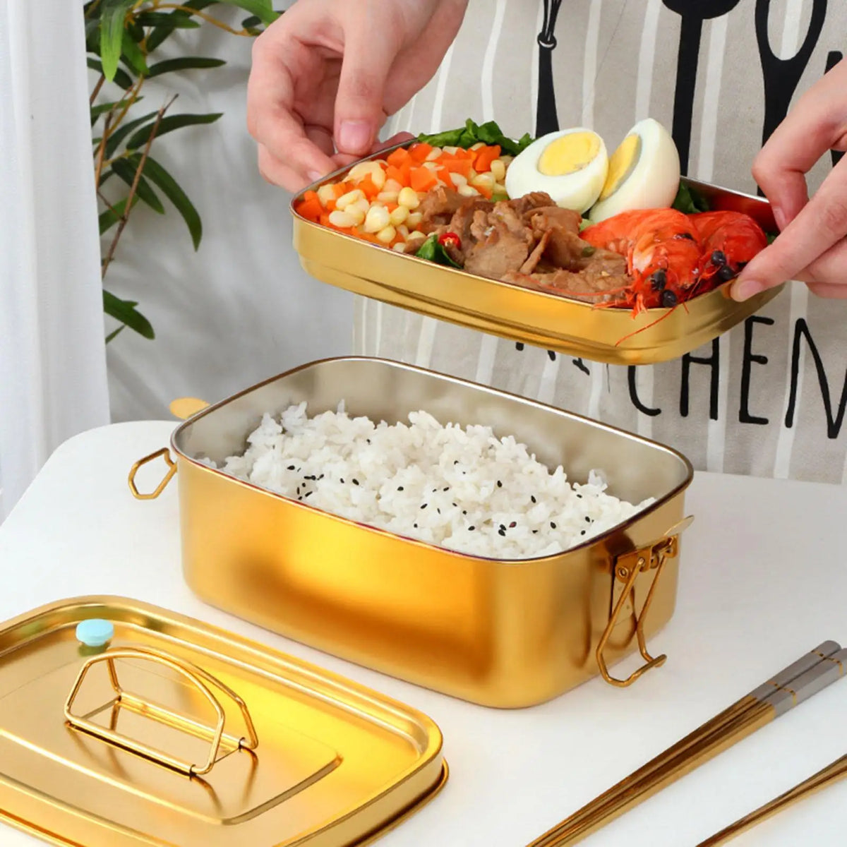 Stainless Steel Bento Box Snack Box Divided Food Storage Containers for Home Quake Gold