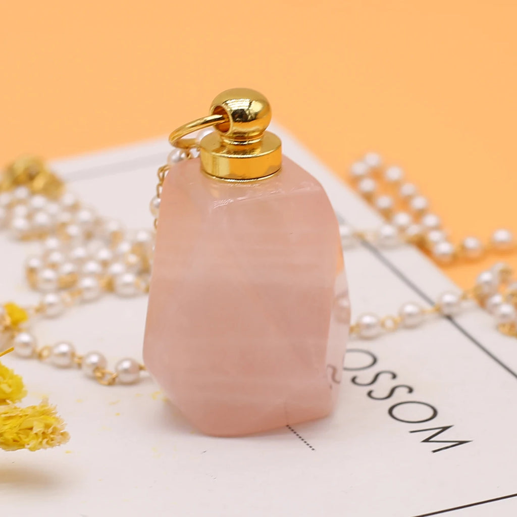 Perfume Bottle Necklace Natural Stone Rose Quartz Perfume Bottle Faceted Pendant For Women Christmas Halloween Gift Chain 80cm Quake