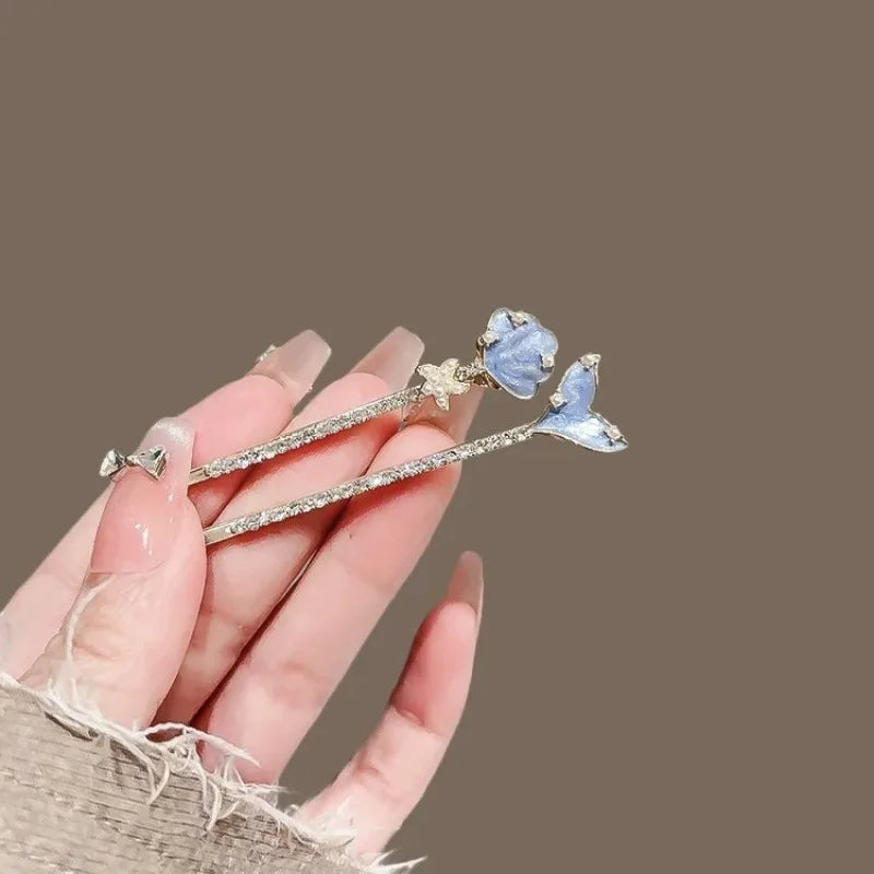Sweet Girls Sea Blue Color Fish Tail Hair Clip Temperament Water Diamond Side Clip Fashion Bangs Clip Hair Styling Accessories Quake