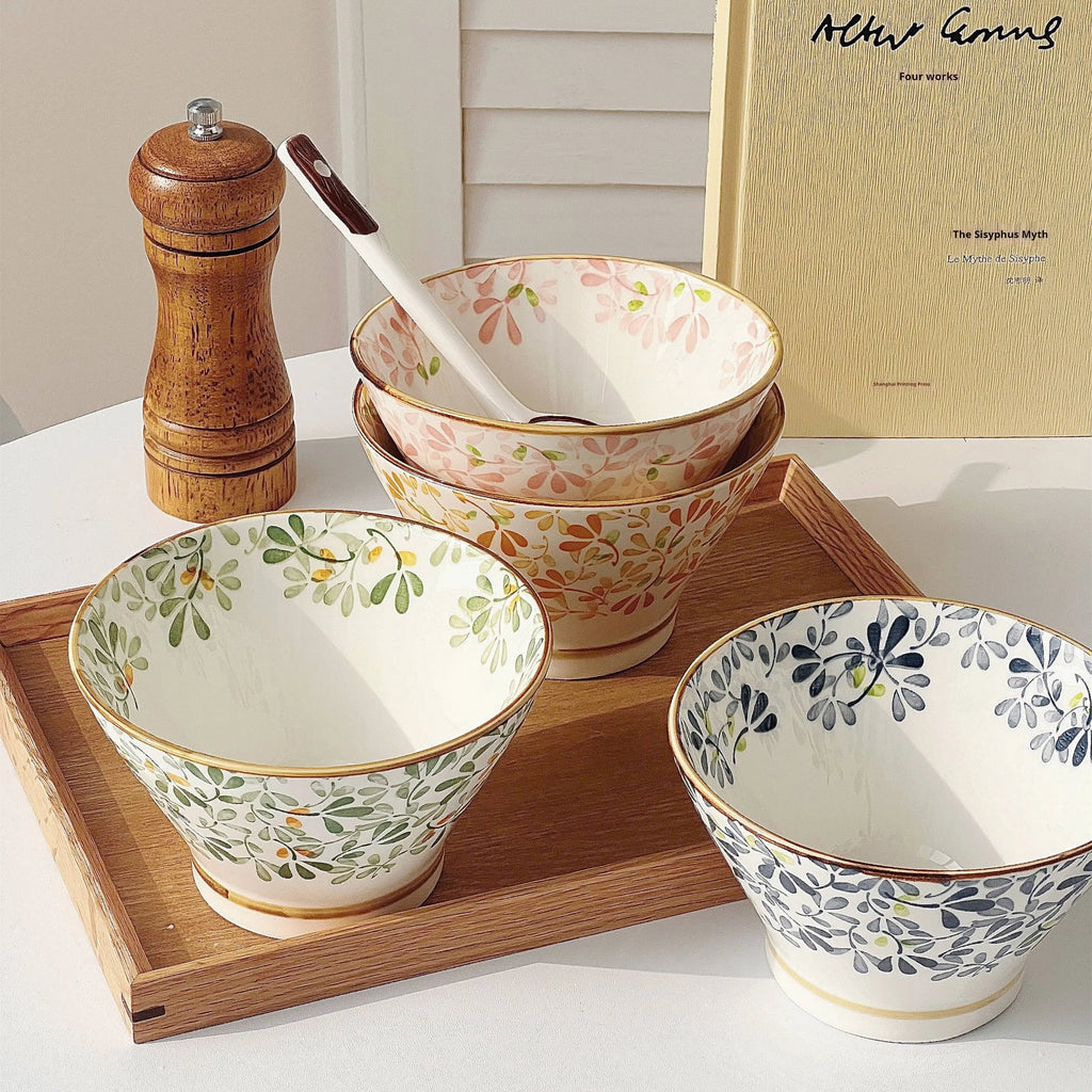 Ceramic Hat-shaped Bowl Spoon Set，Four Seasons Floral Pattern，Oven Microwave Safe, Noodles Salad Soup Dessert Hot Pot Picnic BBQ Quake