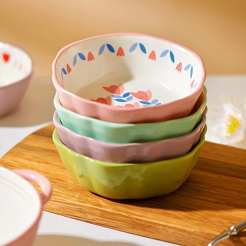 YWDL Heat Resistant Ceramic Salad Bowl With Wavy Edges Dessert Bowl Kitchen Fruit Dish Microwave Oven Oven Safety 6inch Quake