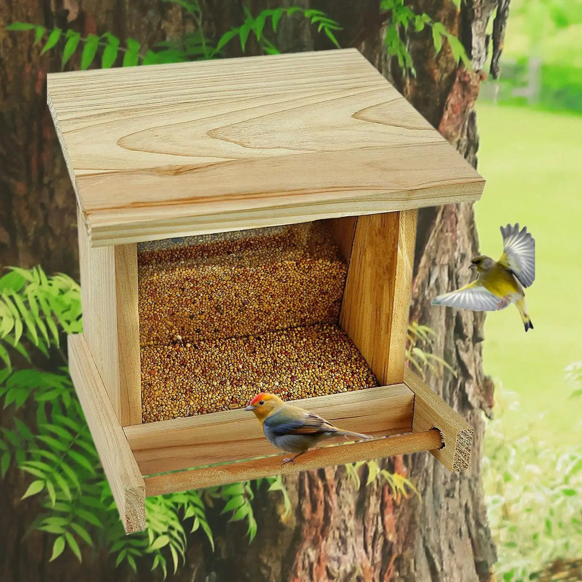 Wooden Bird Feeder Weatherproof Easy to Fill Outdoors Hanging Yard Garden Decoration with Opening Roof for Large Cardinal Macaws Quake Default Title