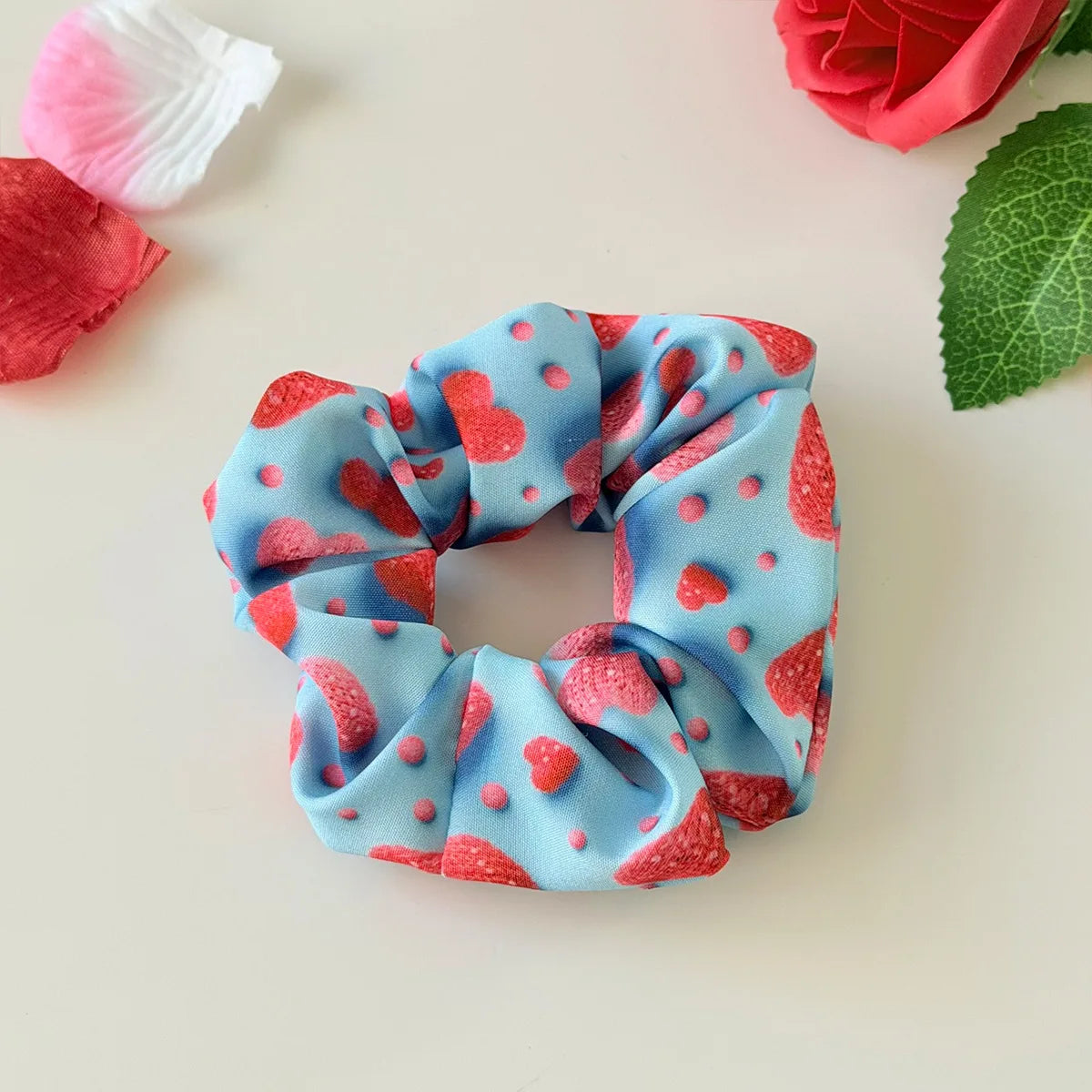 Valentine's Day Scrunchies Elastic Rubber Hairbands Candy Love Printed Fabric Hairbands High Elastic Ponytail Holder Accessories Quake Blue