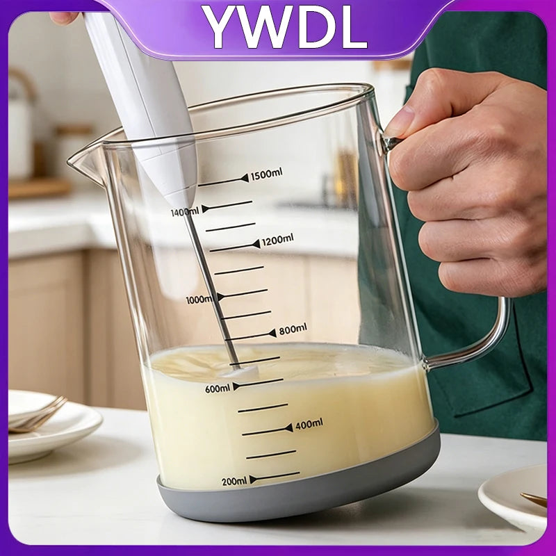 YWDL 1/1.5L High Borosilicate Glass Measuring Cup with Removable Silicone Base Heat Resistant Pitcher with Scale Mark Baking Cup Quake