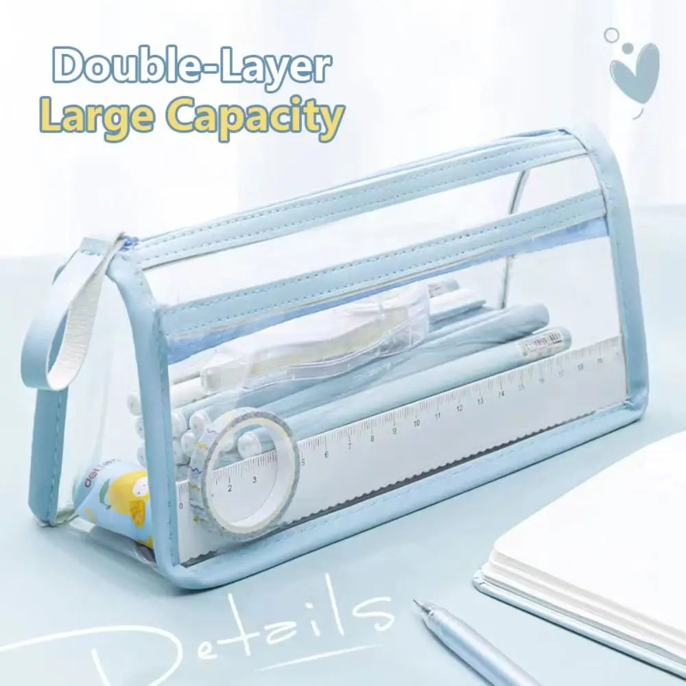 Double-Layer Large Capacity Pen Bag Student Transparent Waterproof Stationery Bag Portable Pencil Case Stationery Organizer Quake