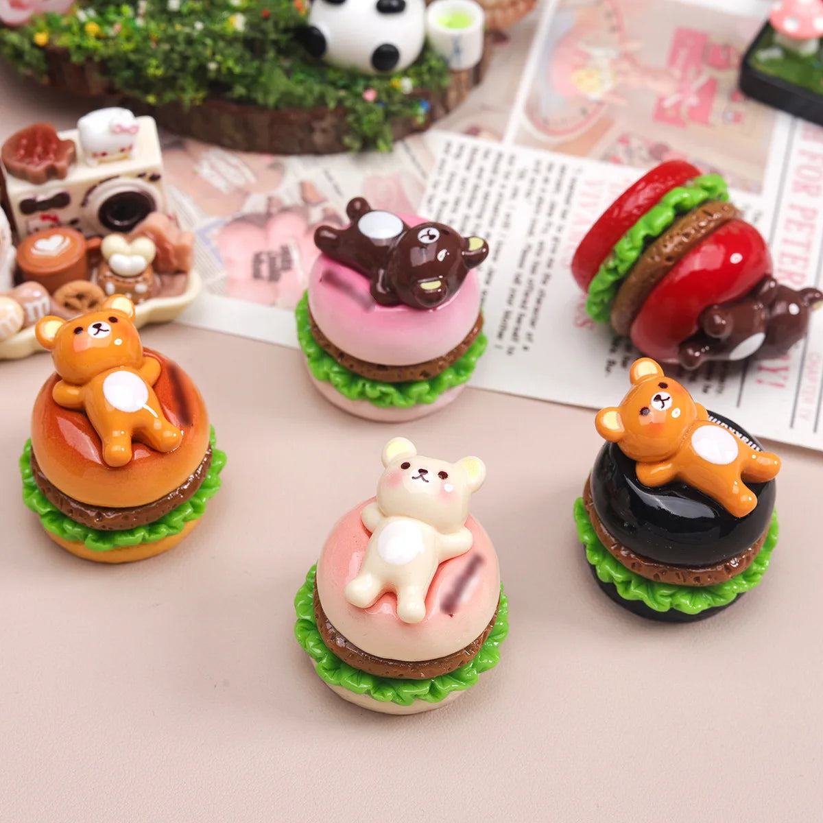5Pcs Simulation 1:12 Bear Hamburger Resin Cabochon 3D Miniature Fake Food For Craft DIY Jewelry Making Dollhouse Accessories Quake