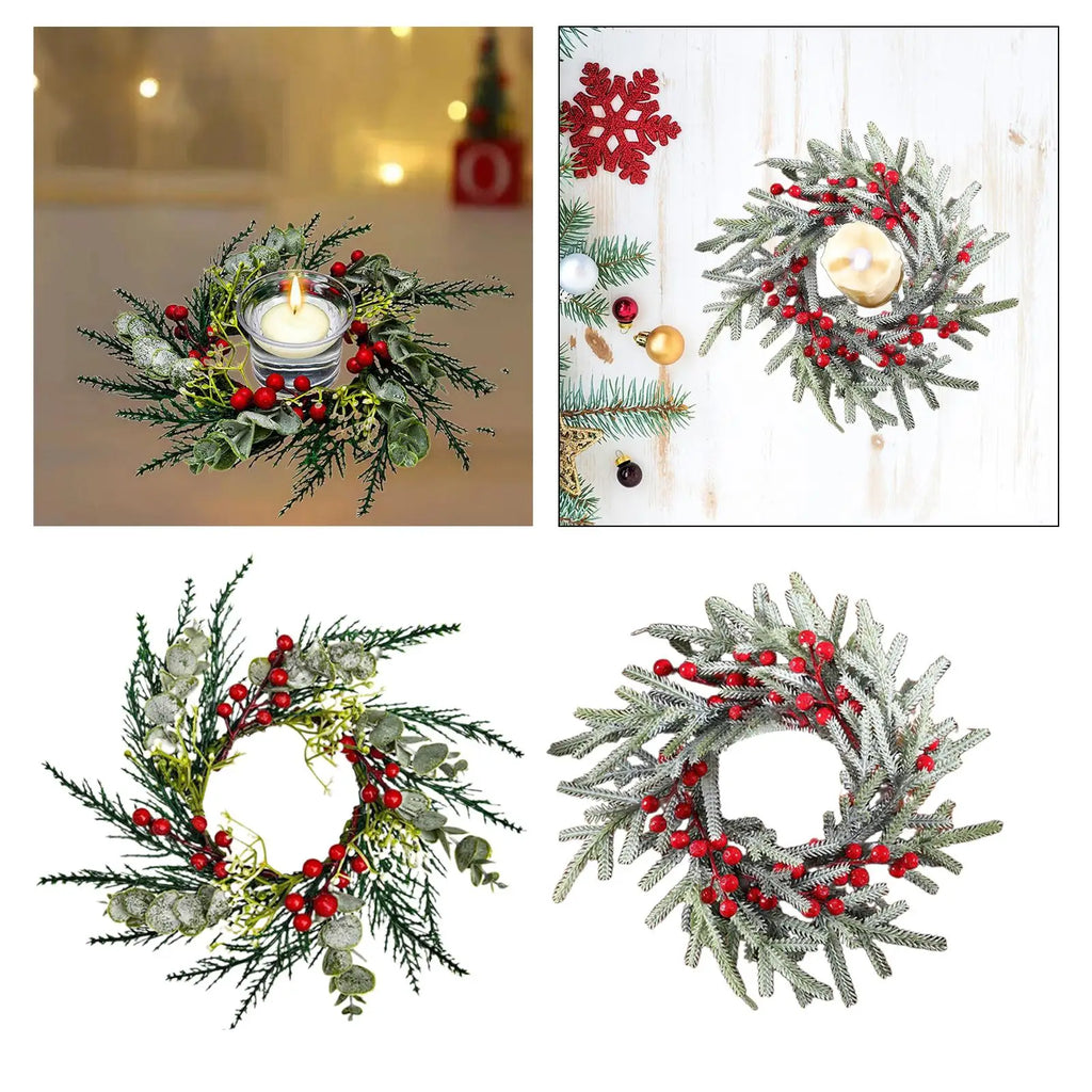 Christmas Candle Ring Decorative Rustic Artificial Red Berries Garland Candle Holder for Festival Living Room Decoration Quake
