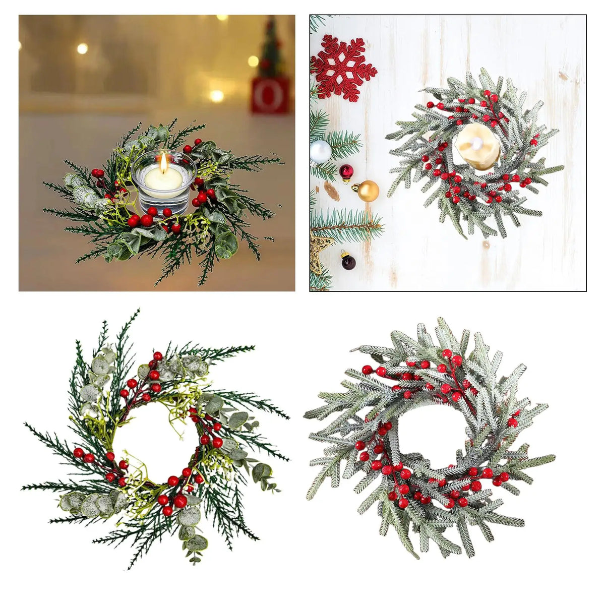 Christmas Candle Ring Decorative Rustic Artificial Red Berries Garland Candle Holder for Festival Living Room Decoration Quake