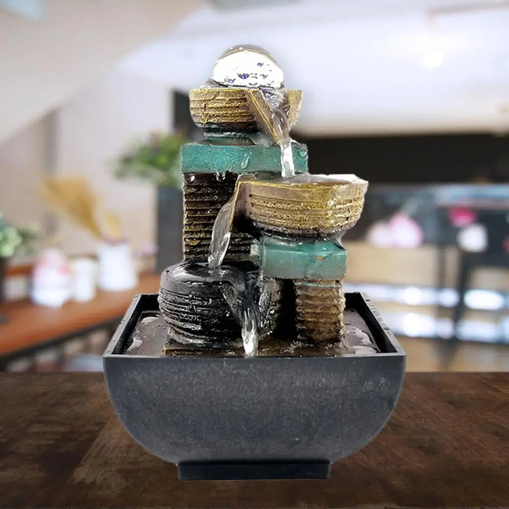 Tabletop Water Fountain Meditation w/ Lights Office Bedroom Decoration Arts Quake Style 4