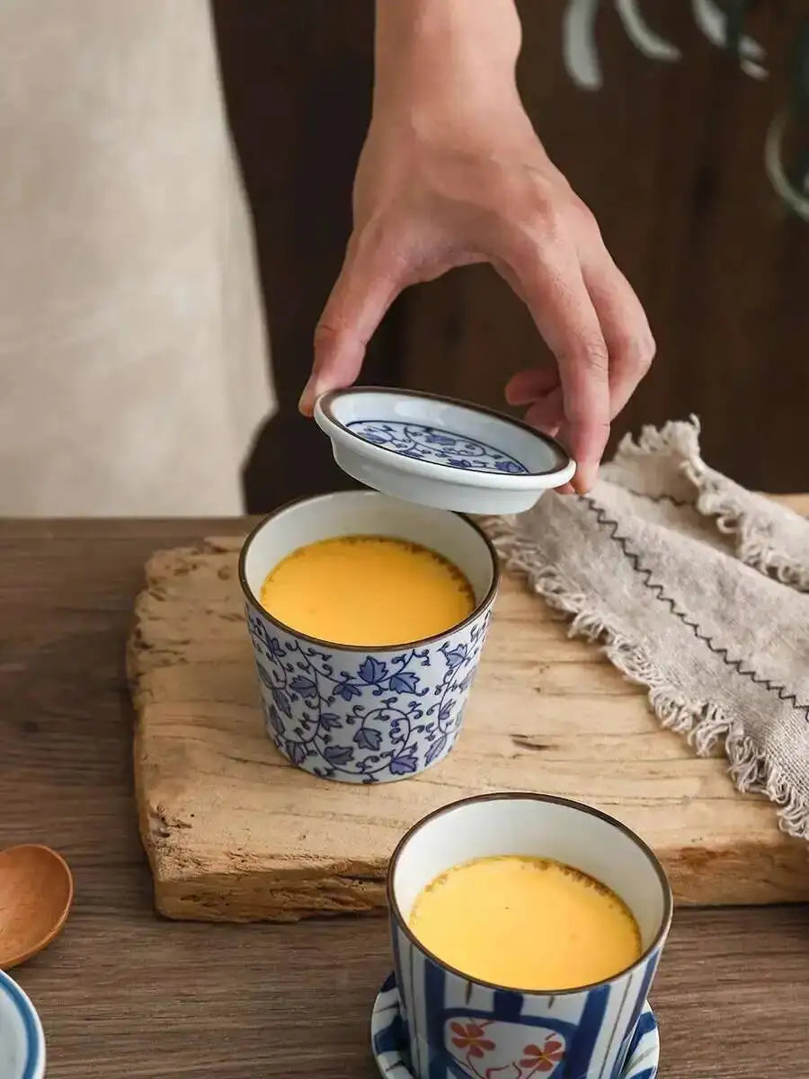 Vintage Ceramic Steamed Egg Cup With Lid Breakfast Steamed Egg Soup Water Separation Stew Cup Dessert Snack Bowl Quake