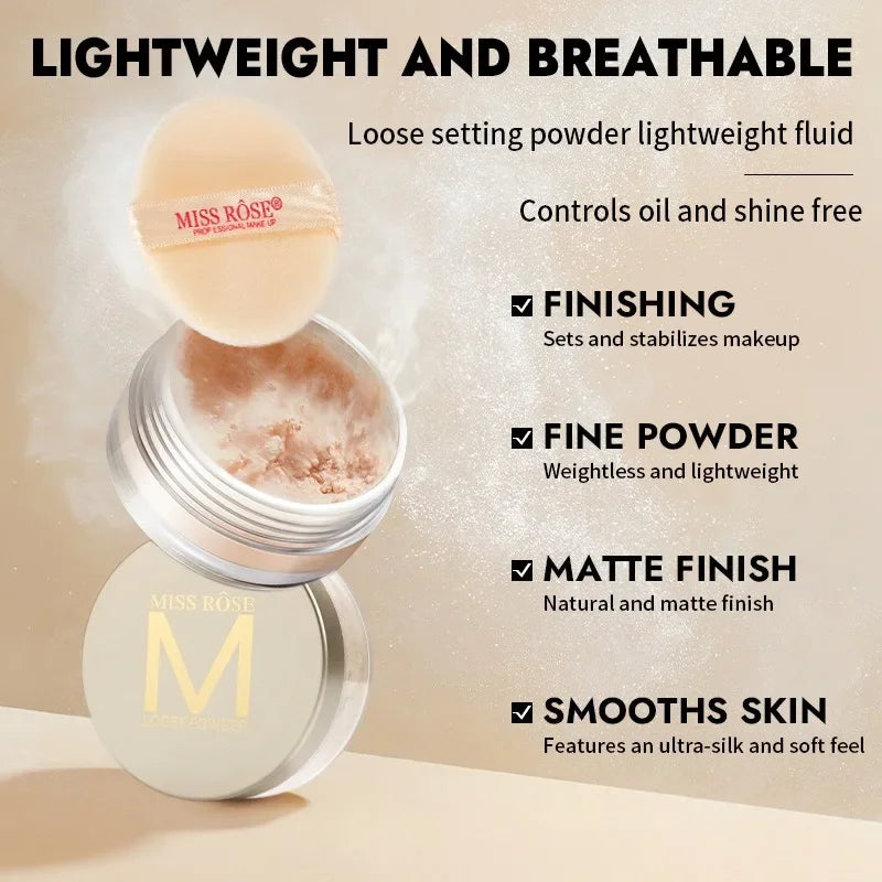 MISS Rose-Translucent Loose Setting Powder, Oil Control, Long Lasting, Lightweight, No Cakey Pores and Redness, Makeup Quake