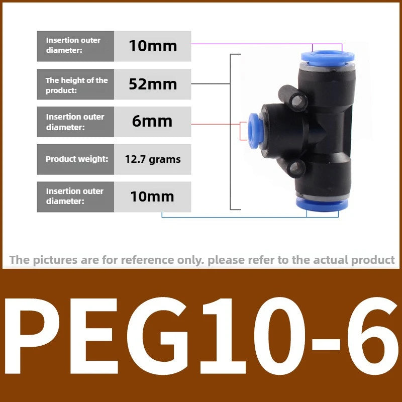 PEG Pneumatic Air Connector Quick Fitting Tee Reducer 3 Way T-shaped Plastic Pipe Hose Connector 6-4/8-6/10-8/10-6/12-8/12-10 Quake PEG10-6 3pcs