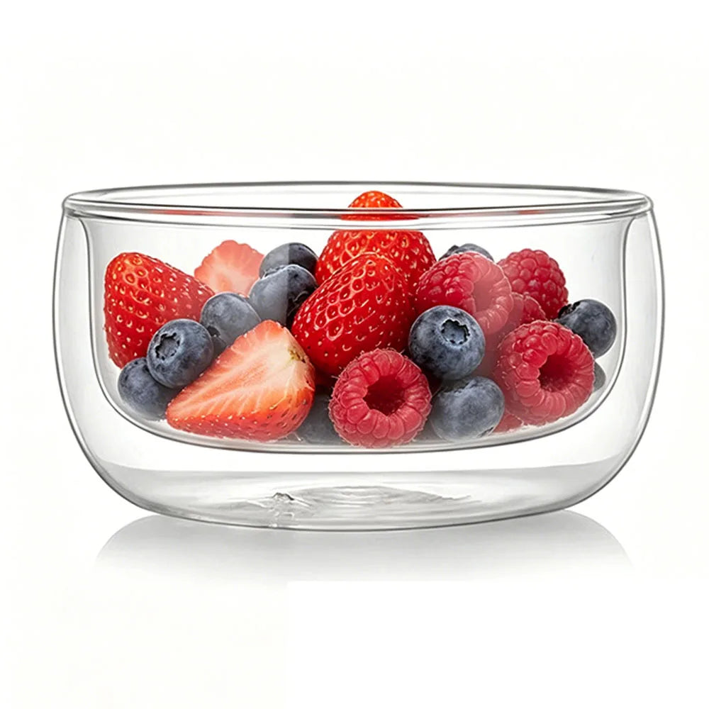 YWDL Double Wall Glass Bowls 300ml/500ml High Borosilicate Dessert Bowl Serving Bowls for Salad Yogurt Ice Cream Soup Quake square base 500ml