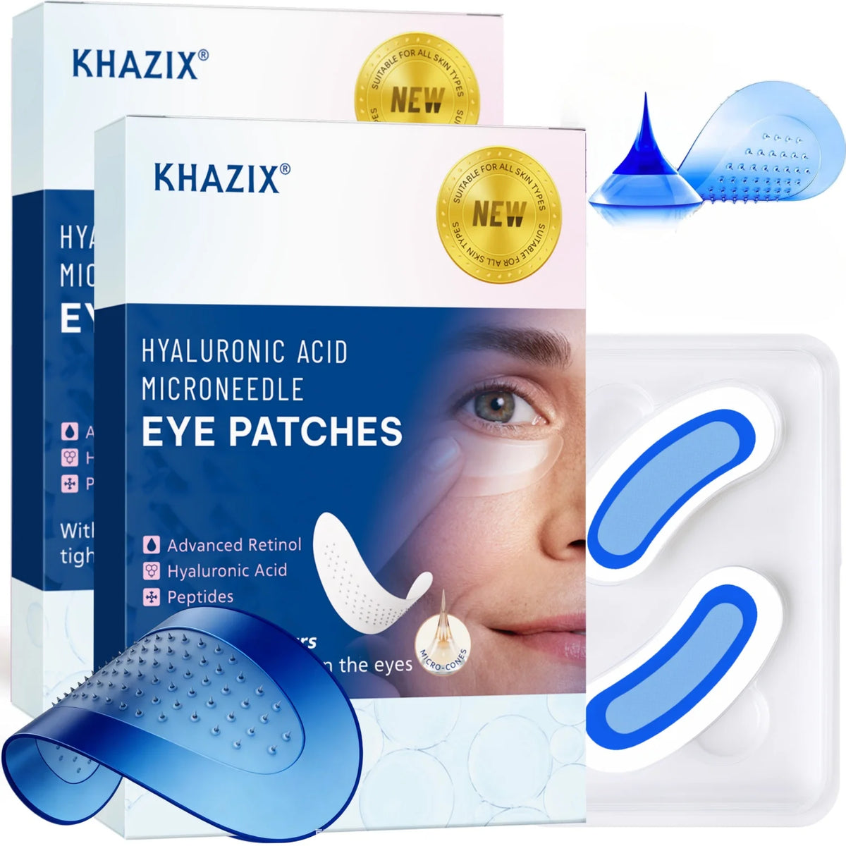Retinol Microneedle Eye Patches with Hyaluronic Acid & Firming Peptides,for Forehead, Eye Area, Crow's Feet & Smile Lines,1Pair. Quake Blue