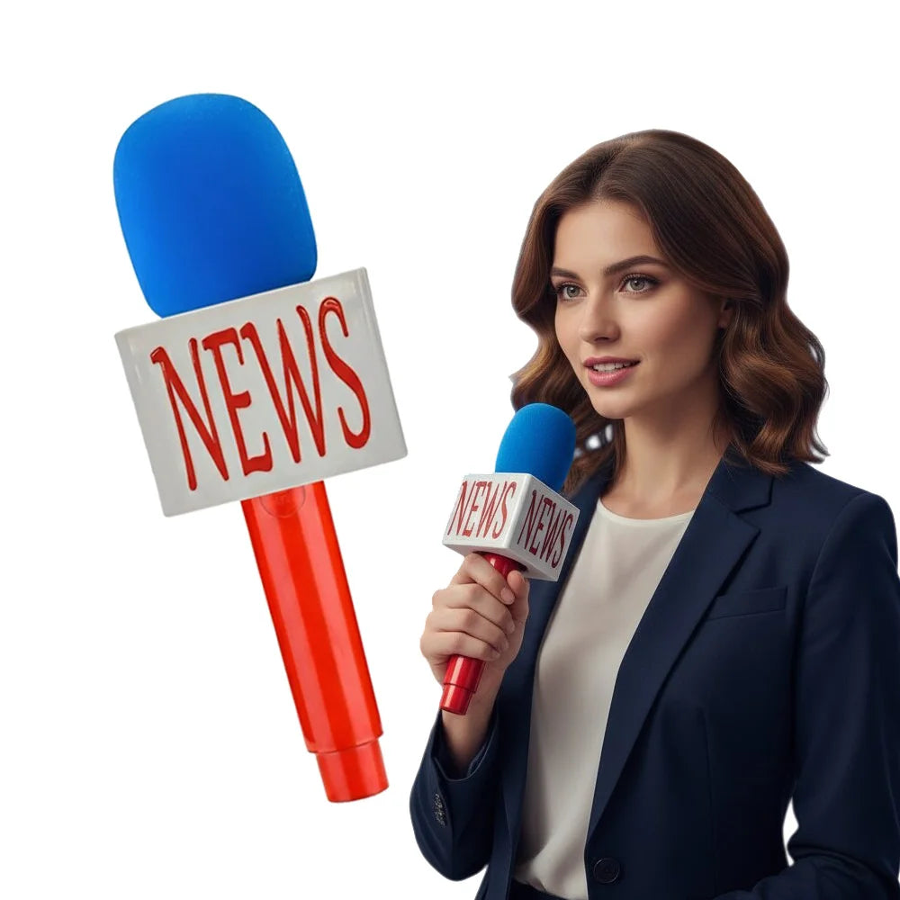 3pcs Novelties Fake Microphone Prop with Real Sponge & Mic Flags Station,Fake News Mic,Plastic Realistic Mic,News Mic Props Quake