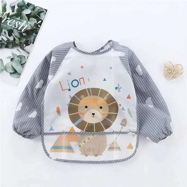 Apron Pocket Infan Baby Long Sleeve Scarf Waterproof Toddler Art Smock Feeding Bibt Boys Girls Burp Cloth Banana Bibs for1-3Year Quake B31 Lion 0-3Years