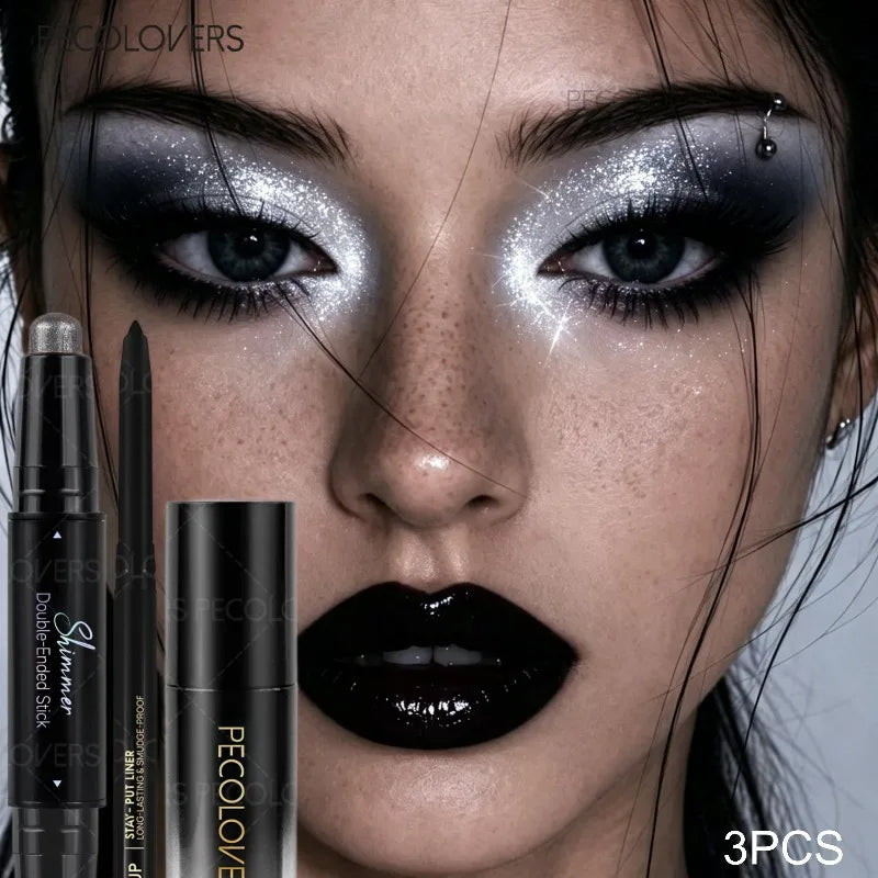 3PCS Face Suit, Black, Lipstick+eye Shadow+eyeliner, Waterproof and Durable, Suitable for Holiday Makeup Quake