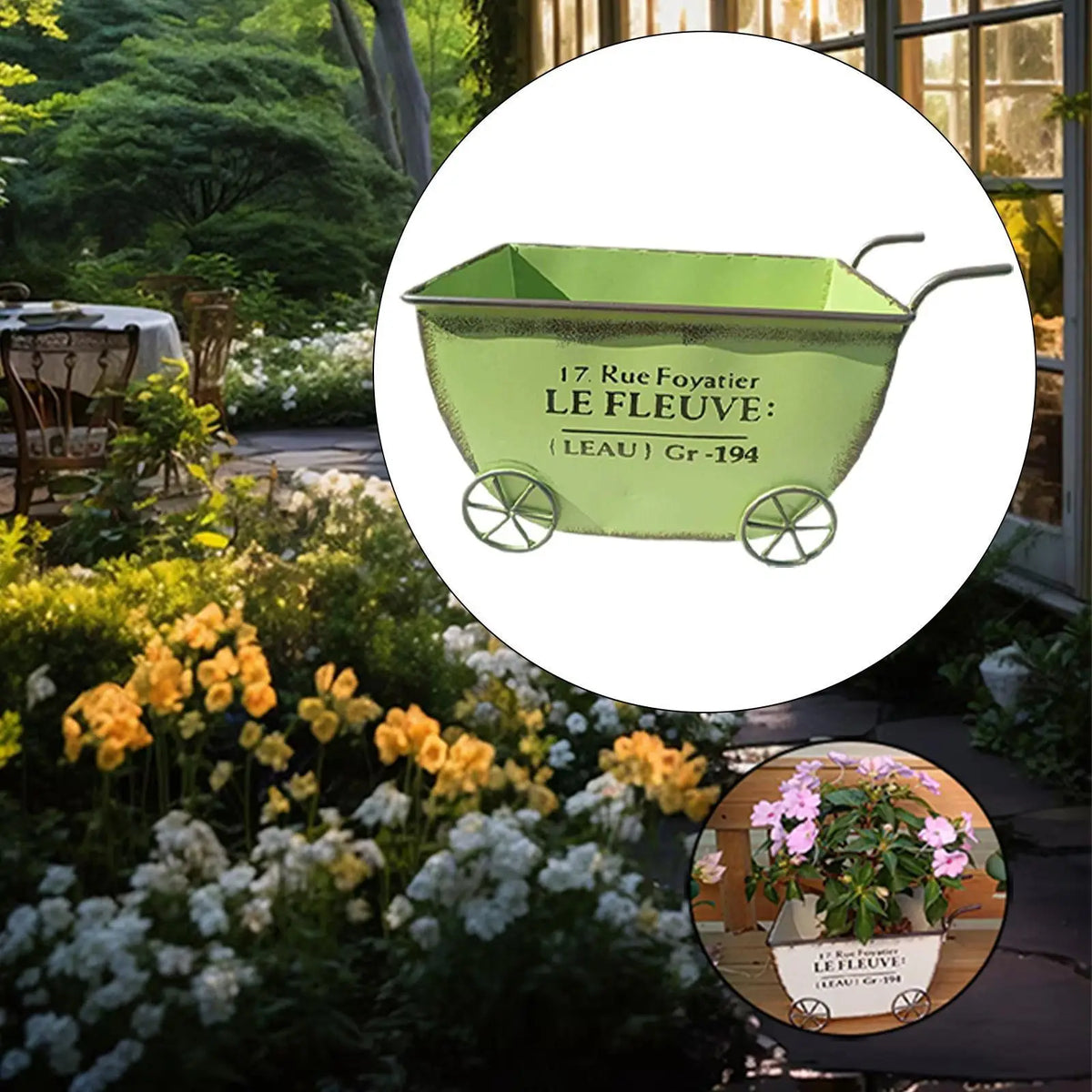 Flower Cart Wheelbarrow Space Saving Flower Pots for Garden Outdoor Yard Quake Green