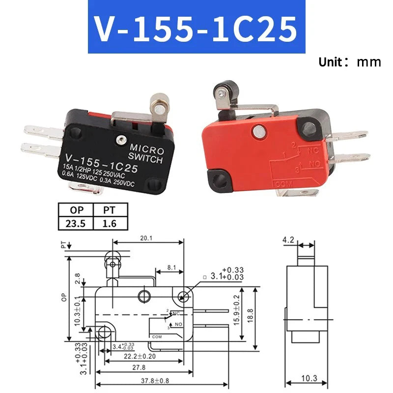 Small Travel Limit Switch V-152/156-1C25 Self-resetting 3-pin Miniature Push Button Tactile Microswitch Quake V-155-1C25 1PCS