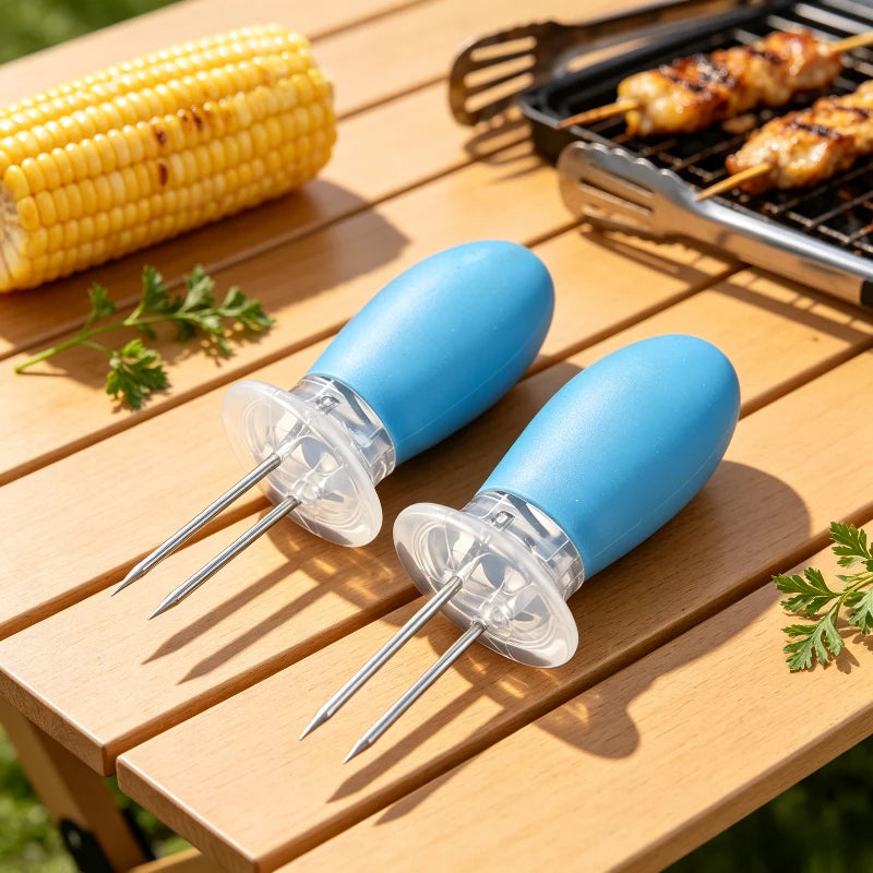 A pair Corn Holders Stainless Steel Corn Skewers Heat Insulation Anti‑scald Handle Outdoor Camping Barbecue Kitchen Accessory Quake