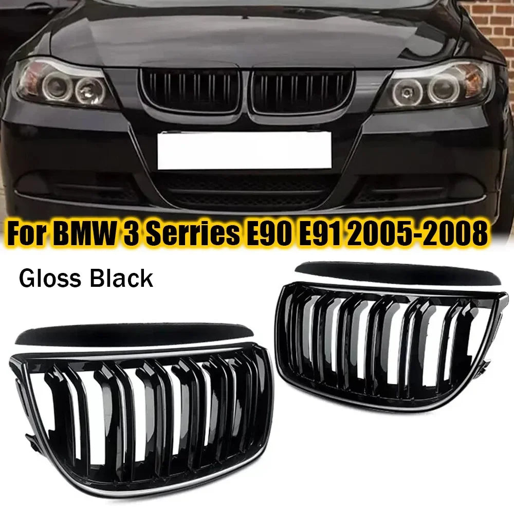For BMW 3 Series E90 E91 2005-2008 Car Styling Single Line Grille Kidney ABS Front Hood Racing Grill Black Silver Accessories Quake