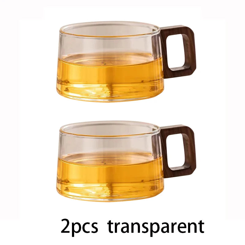 120/200/300/360ml Glass Cups With Walnut Handle Coffee Mug Set Heat-resistant Teacup Household Office Drinking Glasse 2pcs Quake 200ml 2pcs clear 120-360ml