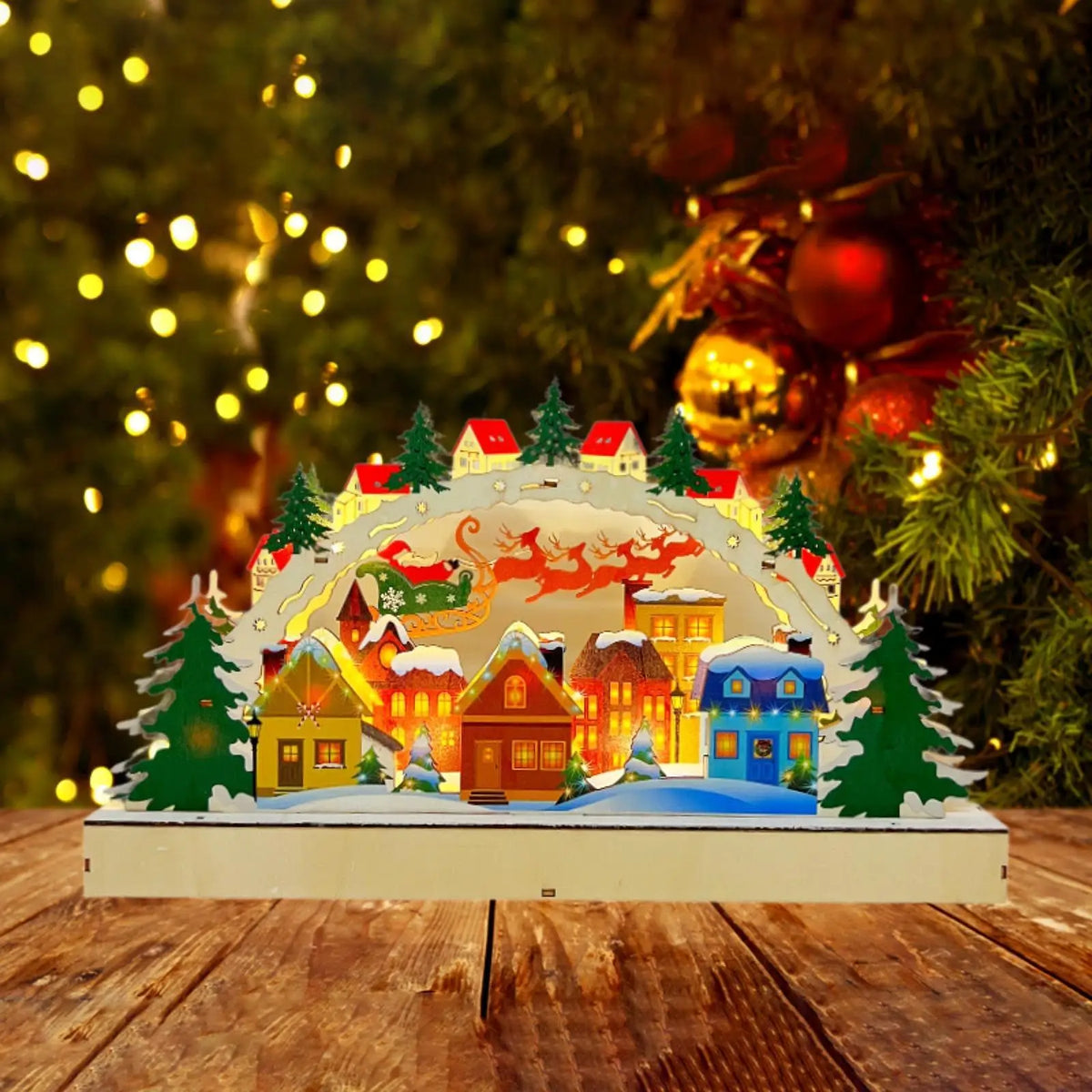 Wooden Christmas Decoration Village Houses Statue Lamp Collectible Silhouette Lighting Miniature Ornament LED Holiday Decoration Quake
