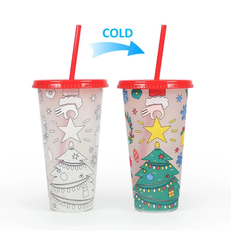 24 Oz Coffee Straw Cup Reusable Christmas Color Changing Cup with Lid Plastic Cold Bucket Party Drink Cup Quake
