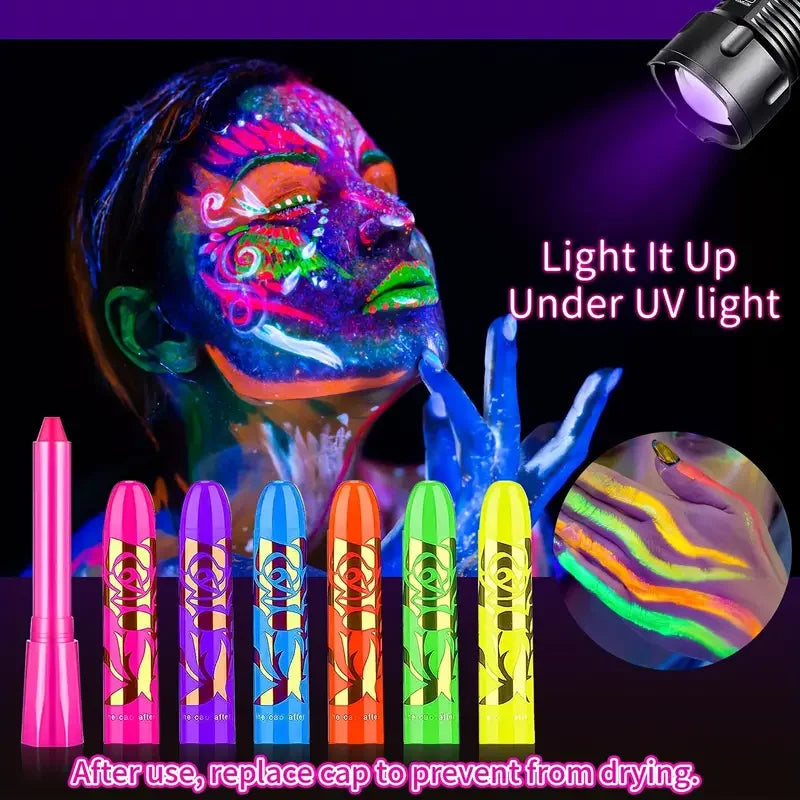 6Pcs UV Neon Face Painting Kit,with 4 Glow Dark Stickers Glow in the Dark Under UV Lights,Black Light Glow Makeup Face Painting Quake