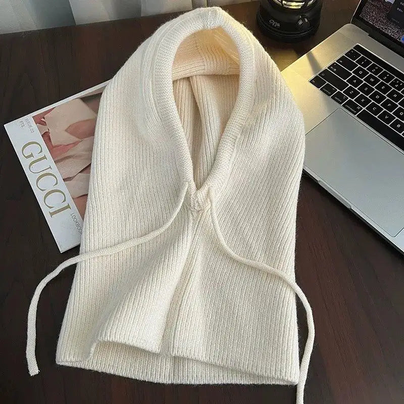 Winter Knitted Hooded Scarf Hat Warm Balaclava Hats Outdoor Ear Protection Beanies Solid Color Warm Drawstring Mask Scarf Cover Quake