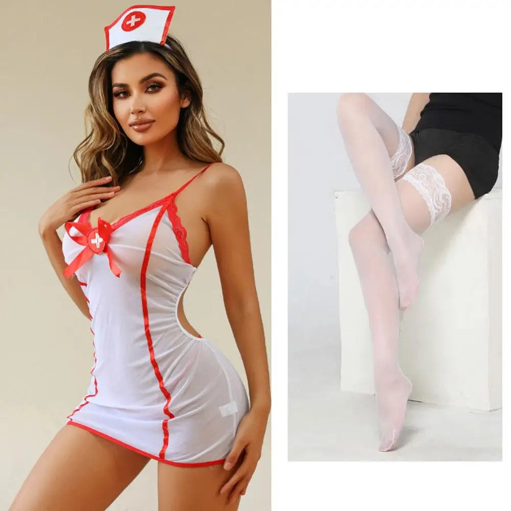 Women's Nurse Roleplay Costume Cosplay Lingerie Set with Stockings Halloween Party Naughty Nurse Outfit Sexy Lingerie Sleepwear Quake 1 set One Size