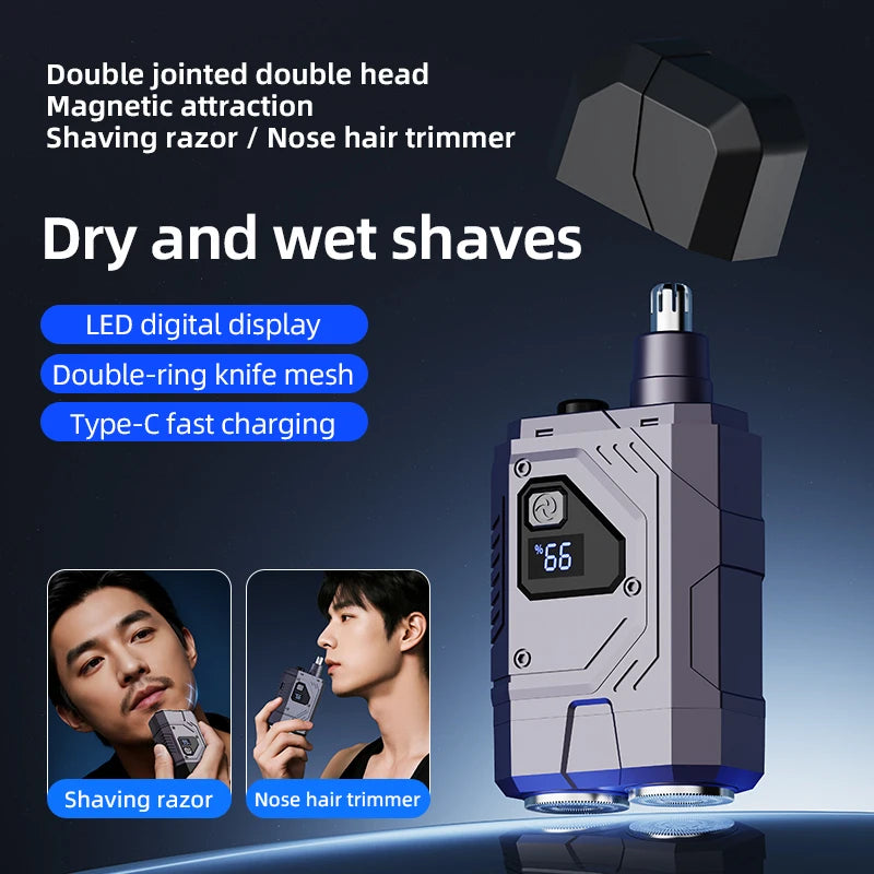 Magnetic Double Blade Electric Shaver for Men Mecha Punk Style Rechargeable LCD Quake