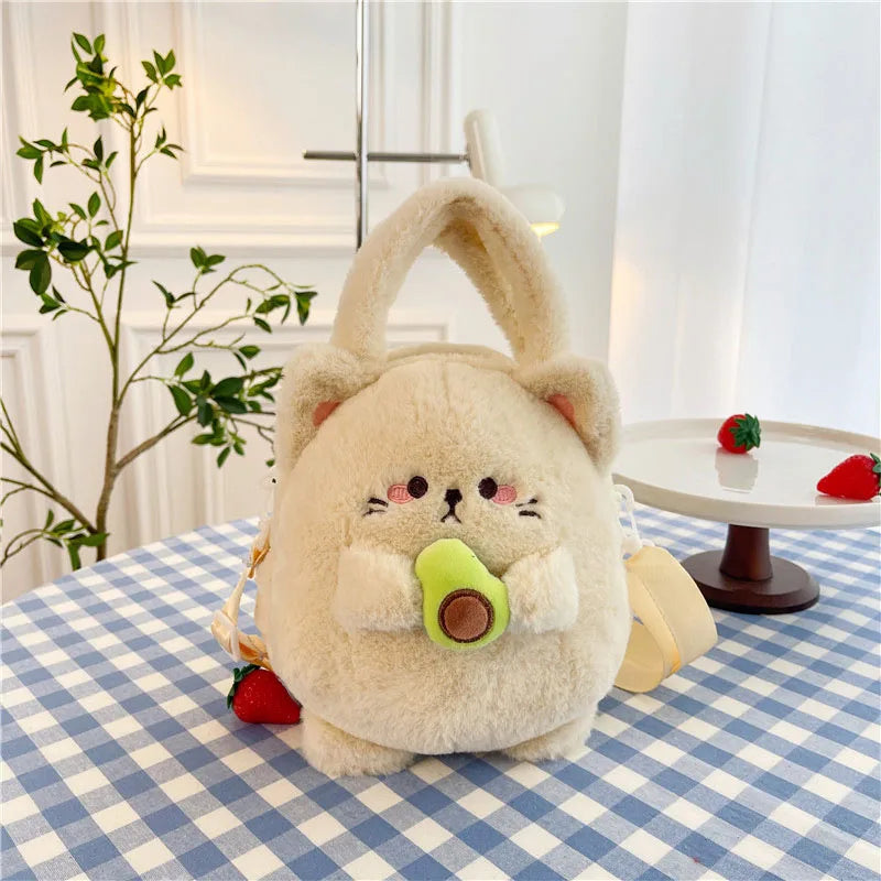 1Pcs Sweet Avocado Cat Plush Shoulder Bag Cute Cartoon Bag For Women Girls Fashion Peach Rabbit Plush Crossbody Bag Gifts Quake A2
