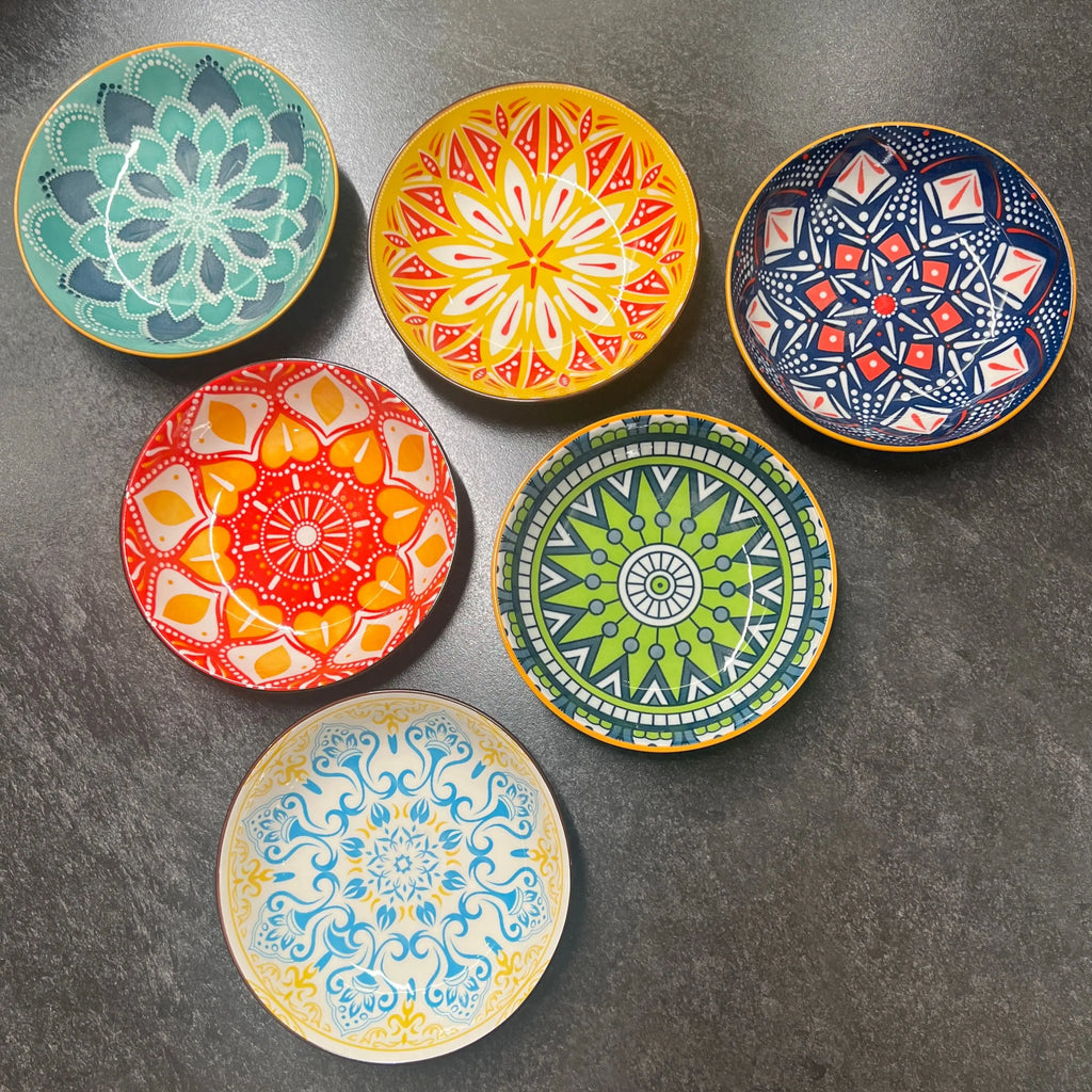 Bohemian Style Ceramic Plates, 6 Pieces, 5.75-Inch Serving Plates, Dessert Plates, Bread Plates, Microwave and Dishwasher Safe Quake