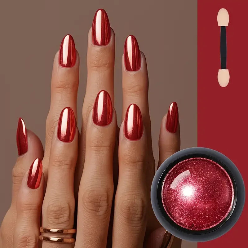 Red Holographic Mirror Nail Powder&Eyeshadow Glitter Lip Makeup 3D Metallic Shine with Free Brush Mirror Mechanical Makeup Effec Quake