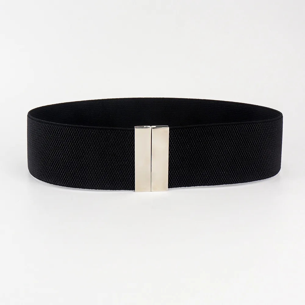 New Wide Elastic Belt Solid Color Metal Buckle Stretch Cinch Waistband Waistband Corset Belt Down Coat Quake Black Sliver
