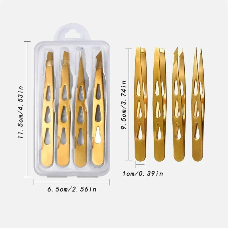 Professional 4-Pc Stainless Steel Eyebrow Tweezer Set – Precision Tweezers for Facial Hair, Splinters & Ingrown Hair Removal Quake