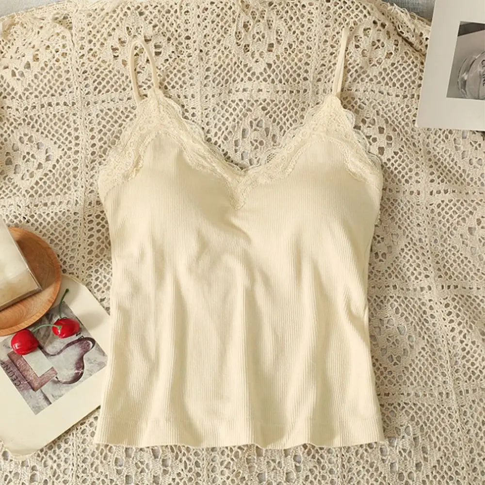 Fashion Breathable Lace Camisole Wire-Free Solid Color Summer Top Strap Bra Sexy Style Bottoming Shirt Quake Beige S