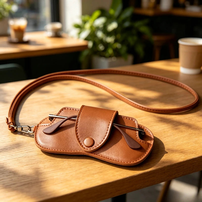 Outdoor Portable Neck Hanging Sunglasses Bag Leather Eyewear Storage Pouch Simple Anti-scratch Glasses Case for Business Quake