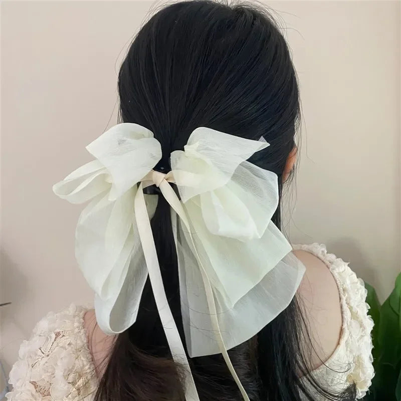 Korean Mesh Bowknot Hair Claw Sweet Ribbon Bow Hairpin Bang Clip Korean Girls Fashion Grab Clip Female Headwear Hair Accessories Quake