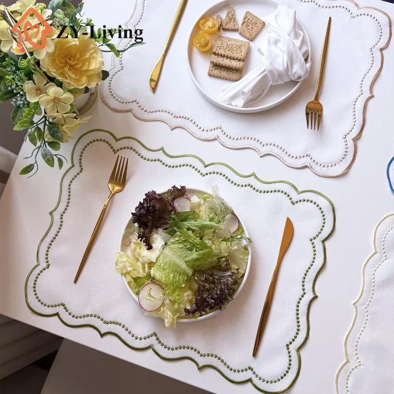 1Pcs Embroidered Placemat Polyester Cotton Table Decoration Mat , 45x32cm Quake