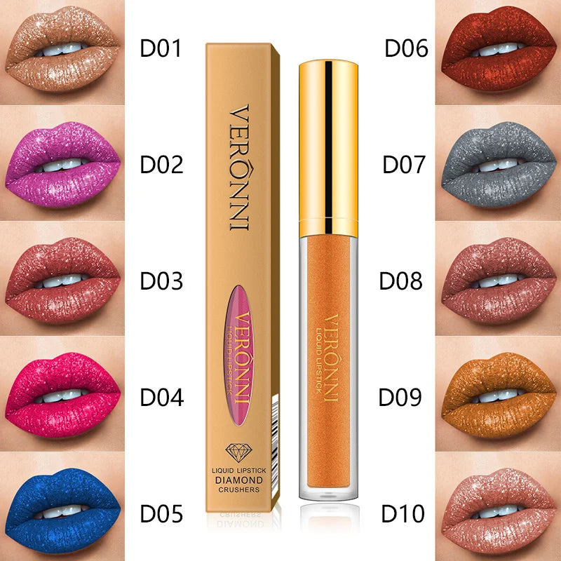 10 Colors Diamond Shimmer Glitter Lip Gloss Waterproof Matte Glitter Liquid Lipstick Diamond Pearl Colour Lip Gloss Sexy Make Up Quake