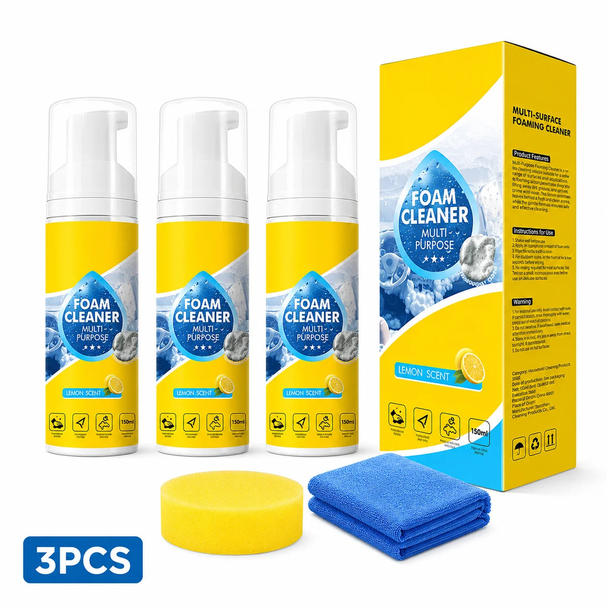 Multipurpose Car Interior Foam Cleaner for Leather Seats Fabric Roof White Shoes Neutral Stain Remover with Sponge Cloth Quake A 3PCS