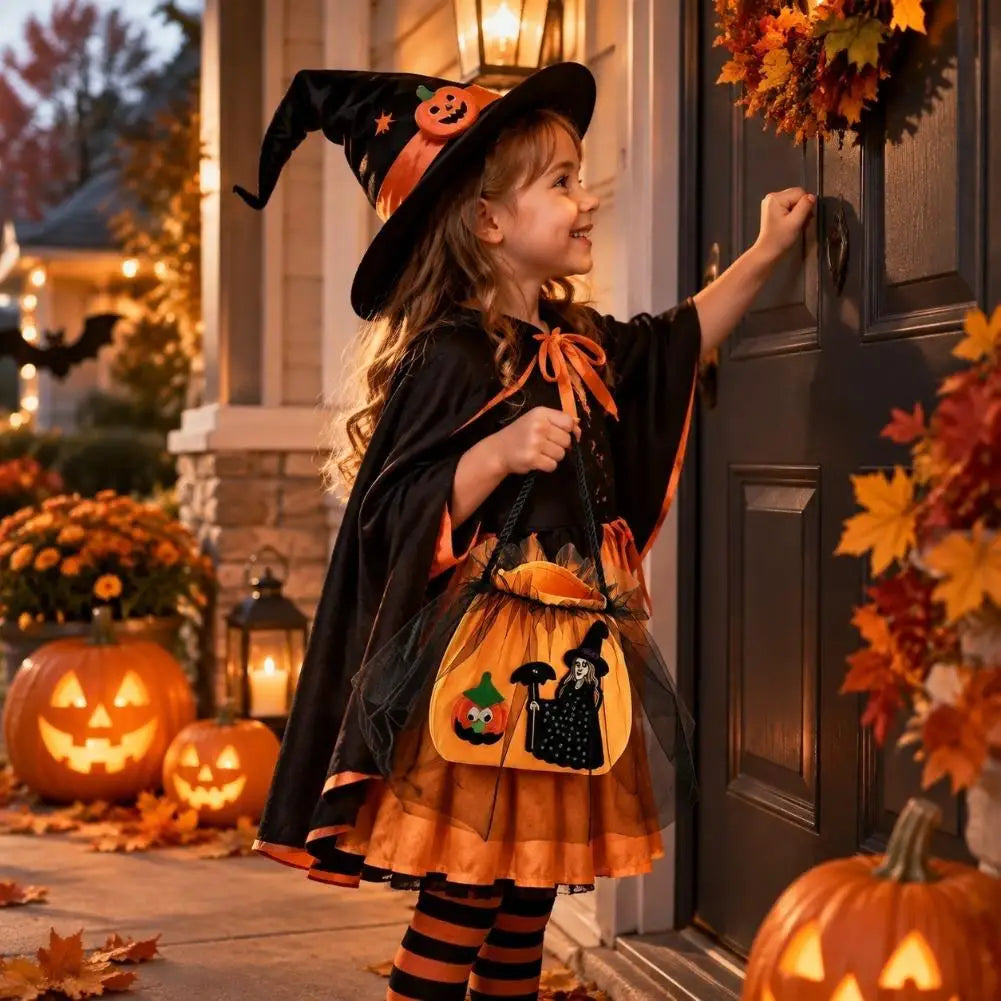 Halloween Princess Candy Bag Witch Pumpkin Embroidered Mesh Tote Drawstring Treat Holder Party Costume Accessory Quake