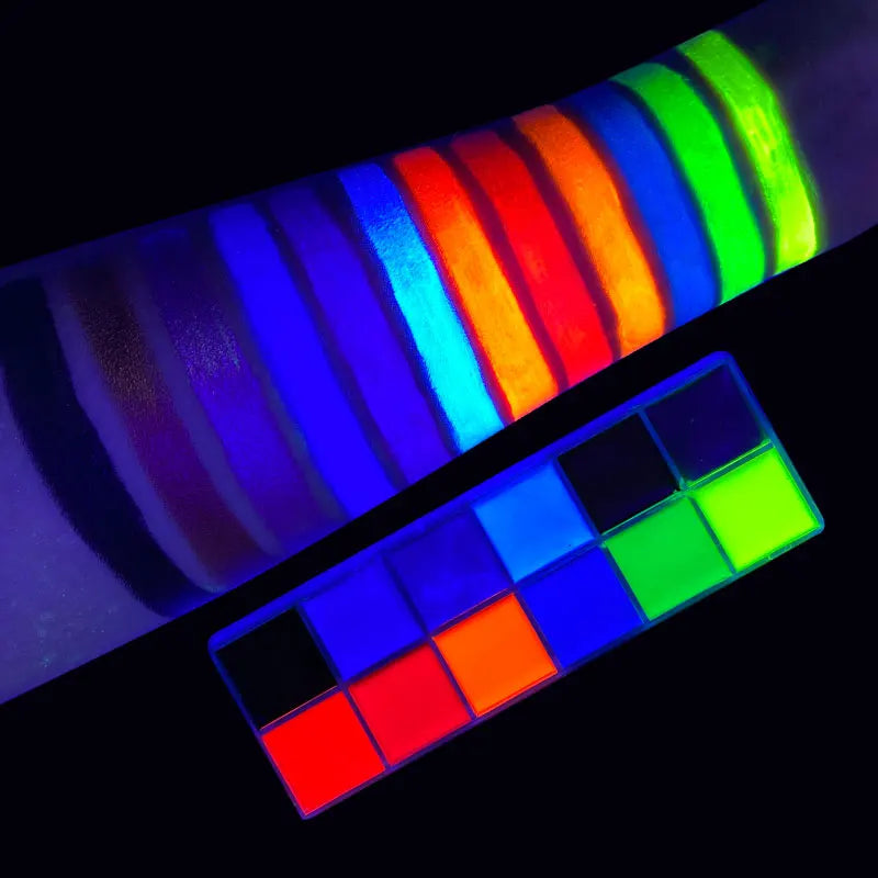 12-Color Vibrant UV Glow Face Paint Kit -Long-Lasting Oil-Neon Fluorescent Palette with Brushes Body Art Nighttime Face Painting Quake