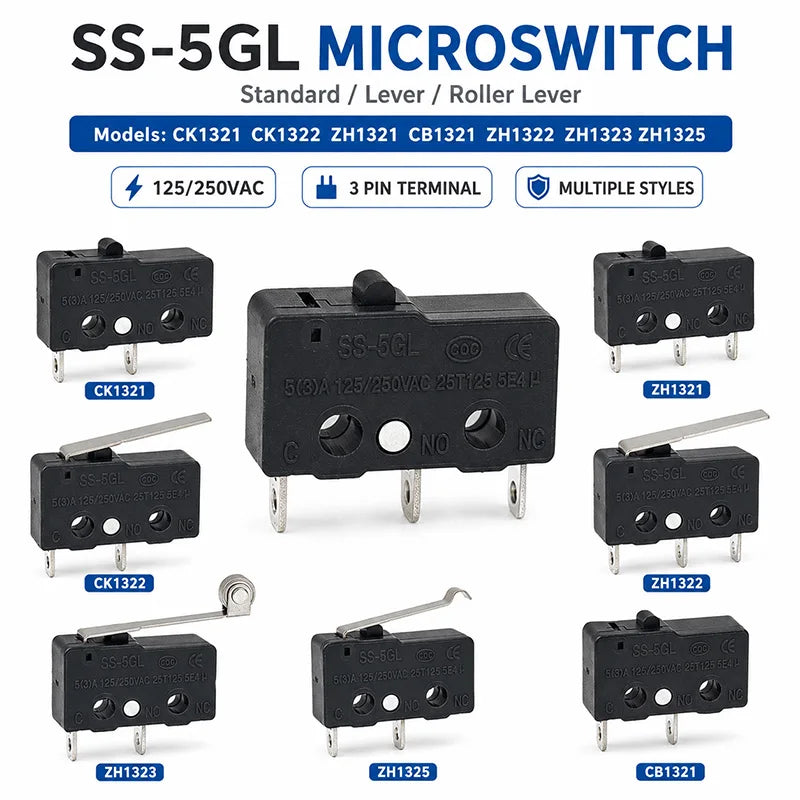 SS-5GL Limit Switch 2 3 Pin NO NC SPDT Push Button Straight Lever Roller Arm Snap Action Microswitch for Appliance 5 10 20 50PCS Quake
