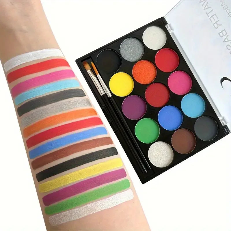 15Color BodyPainting Kit Vibrant Face Color Makeup Cream for Stage Costume Performances Includes Stencil and Brush Quake