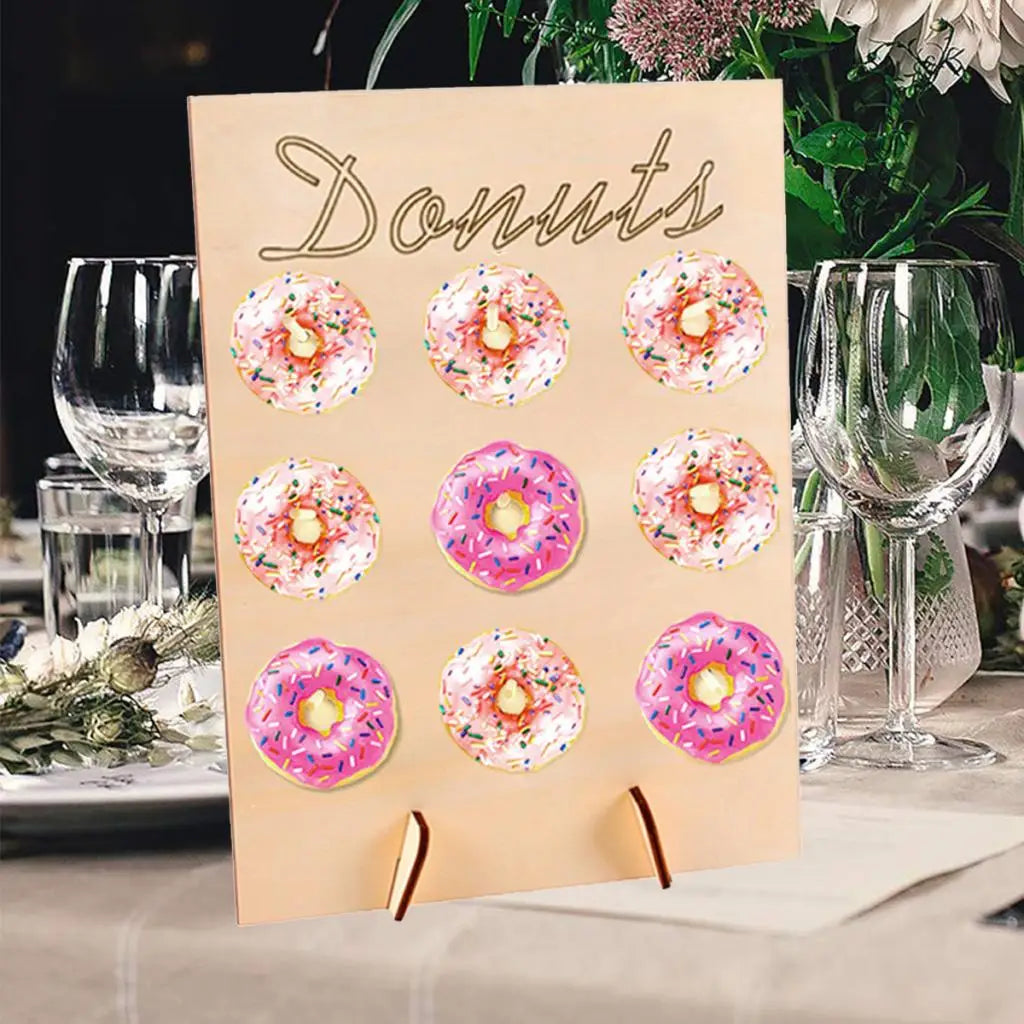 Doughnut Sweet Cart Treat Stand Wooden Donut Plank Rack with 9 Pegs Dessert Board Cake Stand Decoration for Bridal Shower Quake